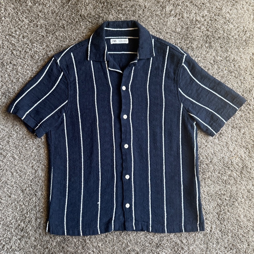 Zara Men's Dark Blue Striped Casual Short Sleeve Shirt